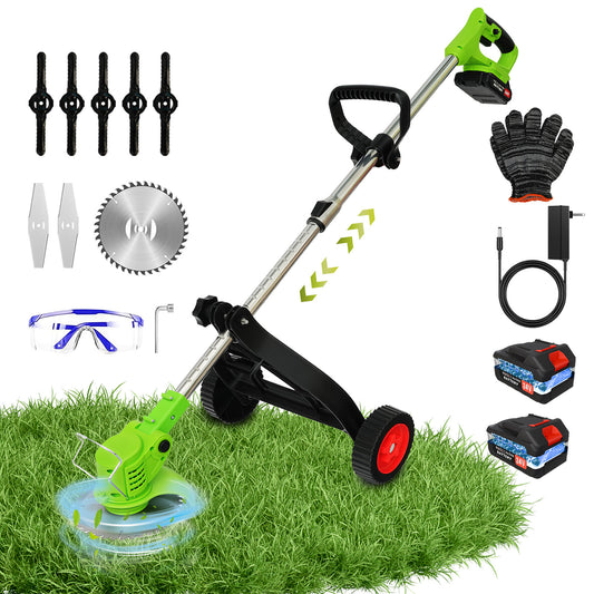 Electric Weed Trimmer,650W Powerful Motor Weed Eaters,Adjustable Length Weed Wackers & Grass Trimmer with Upgraded Wheels,Perfect Lawn Edger for Yard Garden,2 Batteries and 3 Types Blades
