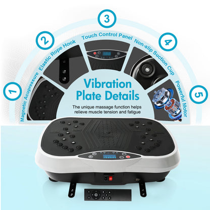 Vibration Plate Exercise Machine, Full Body Workout Machine for Weight Loss, Vibrating Board 300LBS Capacity, Vibration Platform with Resistance Bands, Remote Control, Silver-White