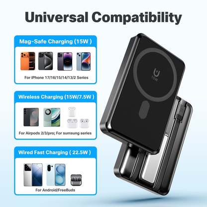 10000mAh Magnetic Wireless Power Bank Portable Charger, 22.5W Fast Charging Battery Pack with Type-C & Mobile Phone Charging Cables, for iPhone 12-17, Black