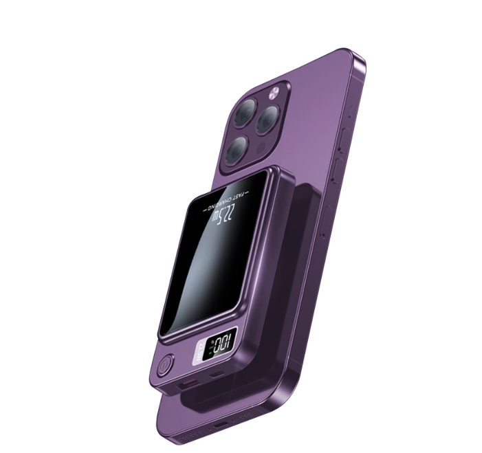 Magnetic Power Bank, 5000mAh Wireless Portable Charger with LED Power Display, 22.5W Fast Charging Phone Battery Bank, 2 in 1 Outdoor Travel Emergency Backup Battery Pack, Purple