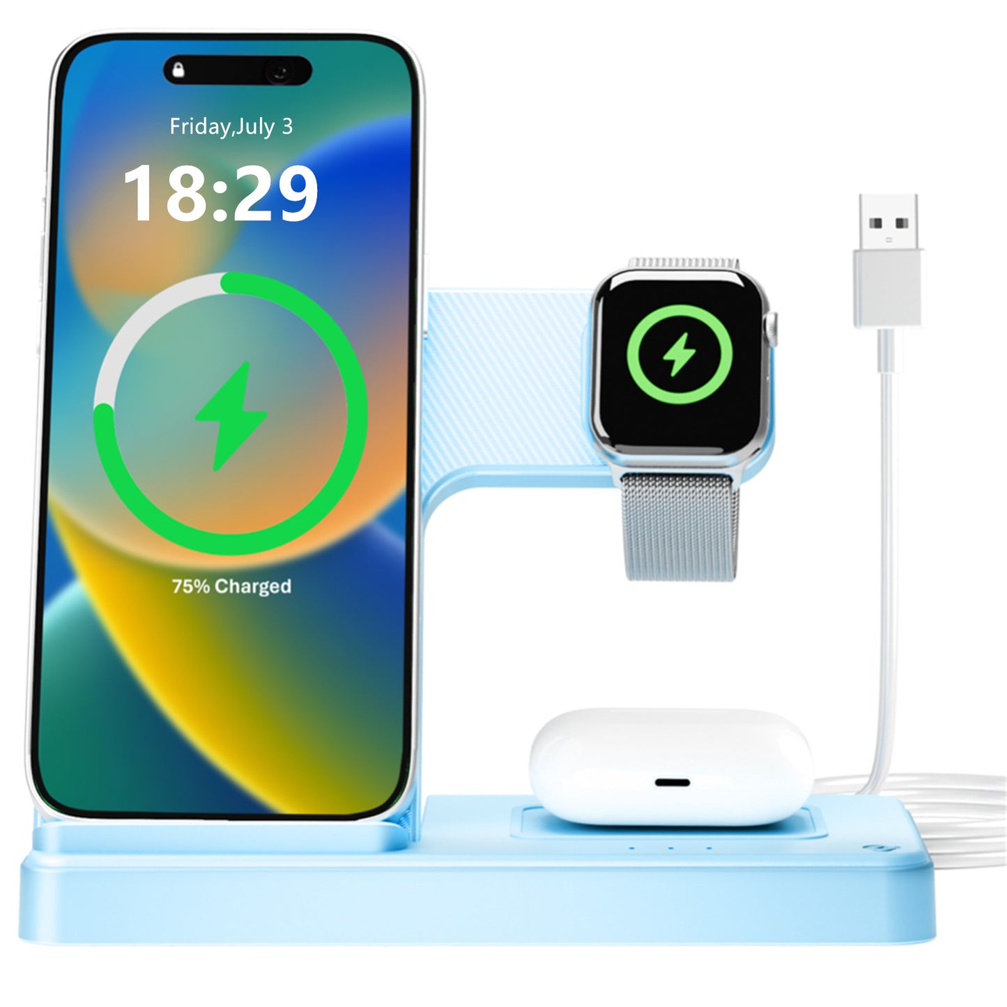 Wireless Charger for iPhone,3 in 1 Wireless Charging Station for iPhone 17 16 15 14 13 12 11 Pro Max Plus XS XR X 8,for iWatch 9 8 7 6 5 4 3 2 SE,for AirPods 3 2 Pro,Blue,No Adapter