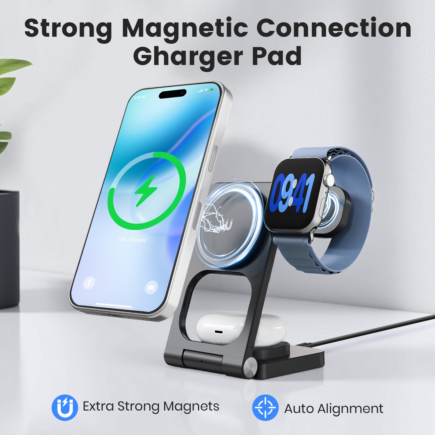 Charging Station, Magnetic Wireless Charger for iPhone 17 16 15 14 13 12, for iWatch, for AirPods 4 3 2, 3 in 1 Charging Pad with Foldable Design, Black