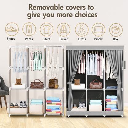 Portable Closet Organizer and Storage with 3 Hanging Rods for Hanging Clothes, 6 Wardrobe Closet Storage Shelves for Bedroom, Easy to Assemble, Grey
