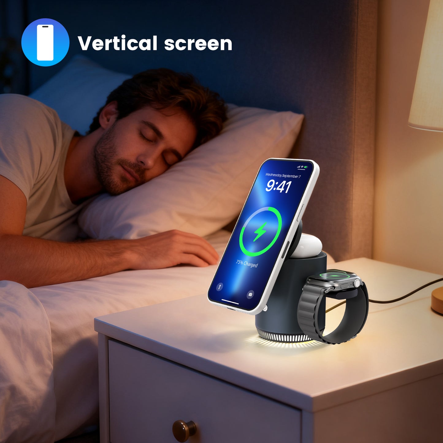 Wireless Charger for iPhone, Charging Station for iPhone 17 16 15 14 13 12, for AirPods 4 3 2, for iWatch Series, with Adjustable Night Light, Black