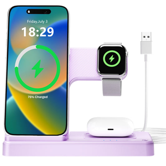 Wireless Charger for iPhone,3 in 1 Wireless Charging Station for iPhone 17 16 15 14 13 12 11 Pro Max Plus XS XR X 8,for iWatch 9 8 7 6 5 4 3 2 SE,for AirPods 3 2 Pro,Purple,No Adapter