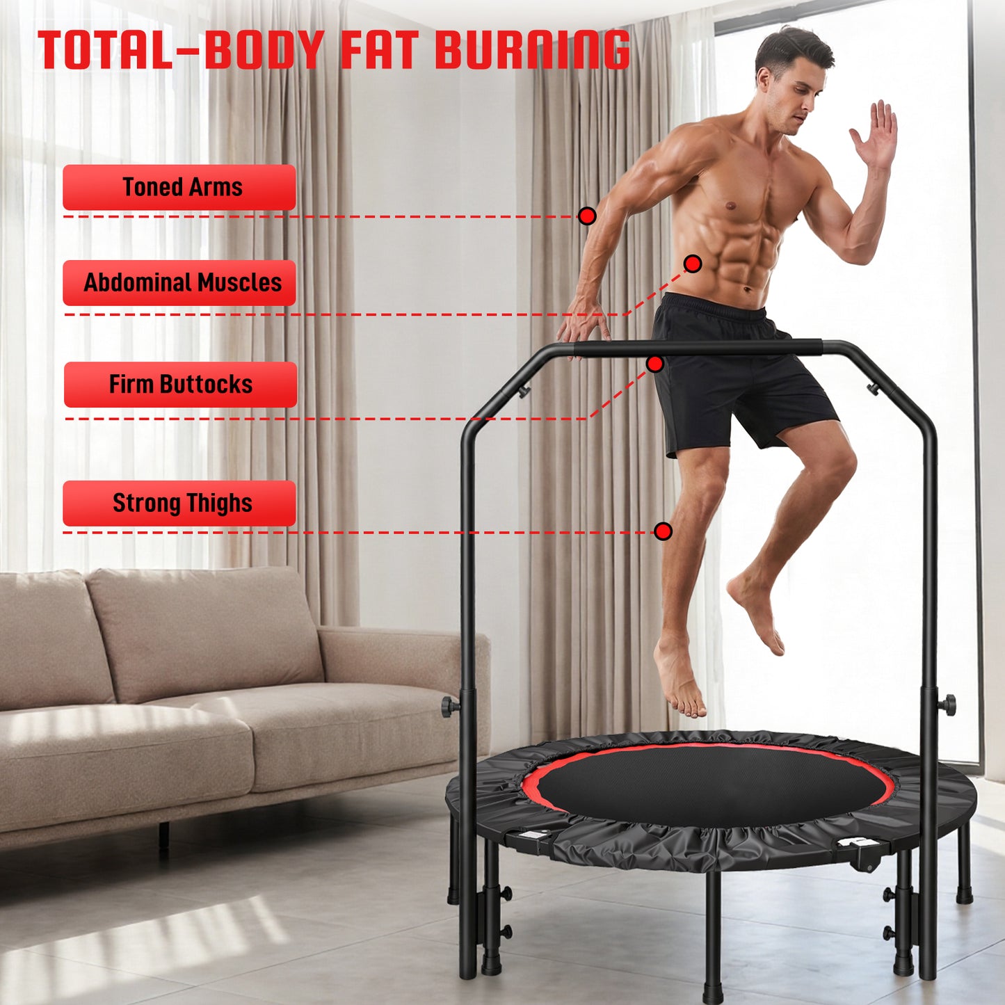 40" Foldable Mini Trampoline with Handle, 716 lbs High Capacity Fitness Rebounder for Home Gym, Quiet Bungee System Indoor Outdoor Jumping Exercise for Adults Kids