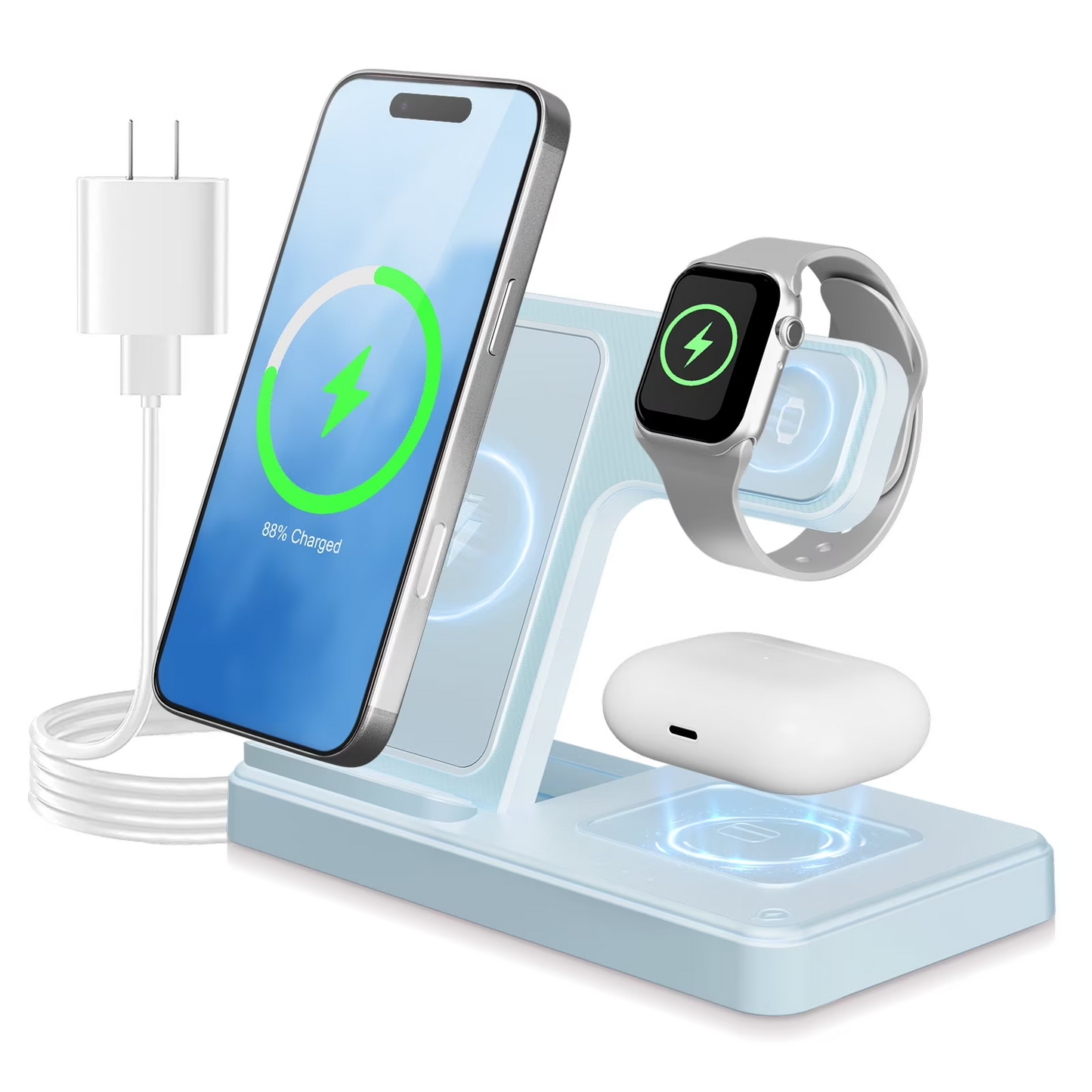 Wireless Charger, Magnetic Fast Charging Stand Compatible with iPhone 16 15 14 13 12 11 Pro Max Plus XS XR X 8, for Apple Watch 9 8 7 6 5 4 3 2 SE, for AirPods 3 2 Pro, 3 in 1 Charging Station, Blue