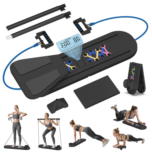 RICAN Foldable Pilates Board, Pilates Reformer Set, 15-in-1 Multifunctional Abdominal Board, Adjustable Push-Up Handles, Full Body Workout Equipment for Home, Black