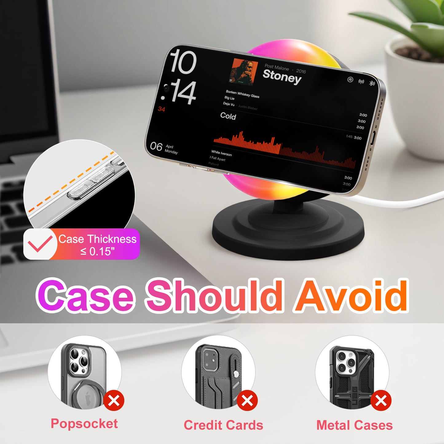 Wireless Charger for iPhone Samsung Huawei,Magnetic Charging Station with Bluetooth speaker and RGB light, Travel Charging Station Compatible with Apple 12 and above series, Black