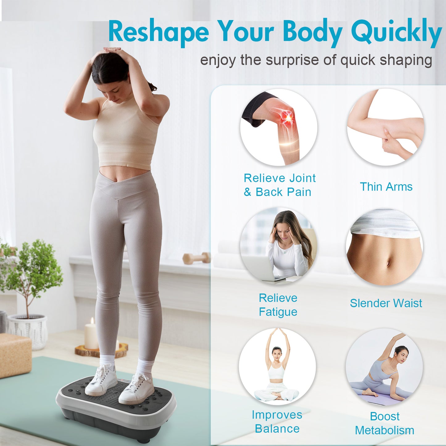 Vibration Plate Exercise Machine, Full Body Workout Machine for Weight Loss, Vibrating Board 300LBS Capacity, Vibration Platform with Resistance Bands, Remote Control, Silver-White