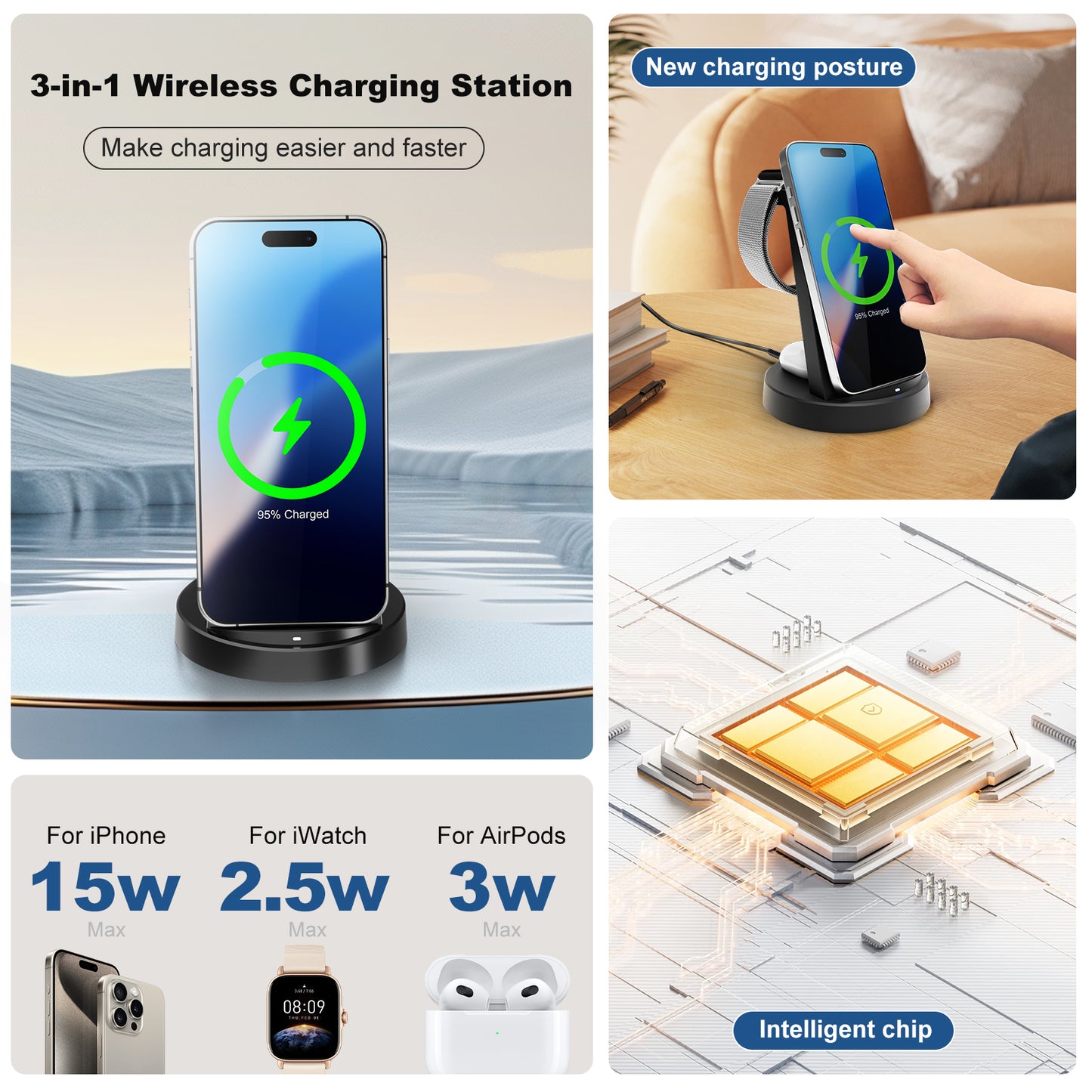 3 in 1 Charging Station, 15W Fast Wireless Charger Compatible with iPhone 17 16 15 14 13 12, Compatible with iWatch, Compatible with Airpods, Black