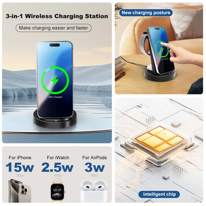 3 in 1 Charging Station, 15W Fast Wireless Charger Compatible with iPhone 17 16 15 14 13 12, Compatible with iWatch, Compatible with Airpods, Black