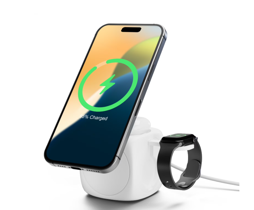 Magnetic Wireless Charger for iPhone Airpods iWatch, Portable 3 in 1 Charging Station Cube For Apple Multiple Devices, Charging Pad Dock Compatible with Apple 12 and above series, White