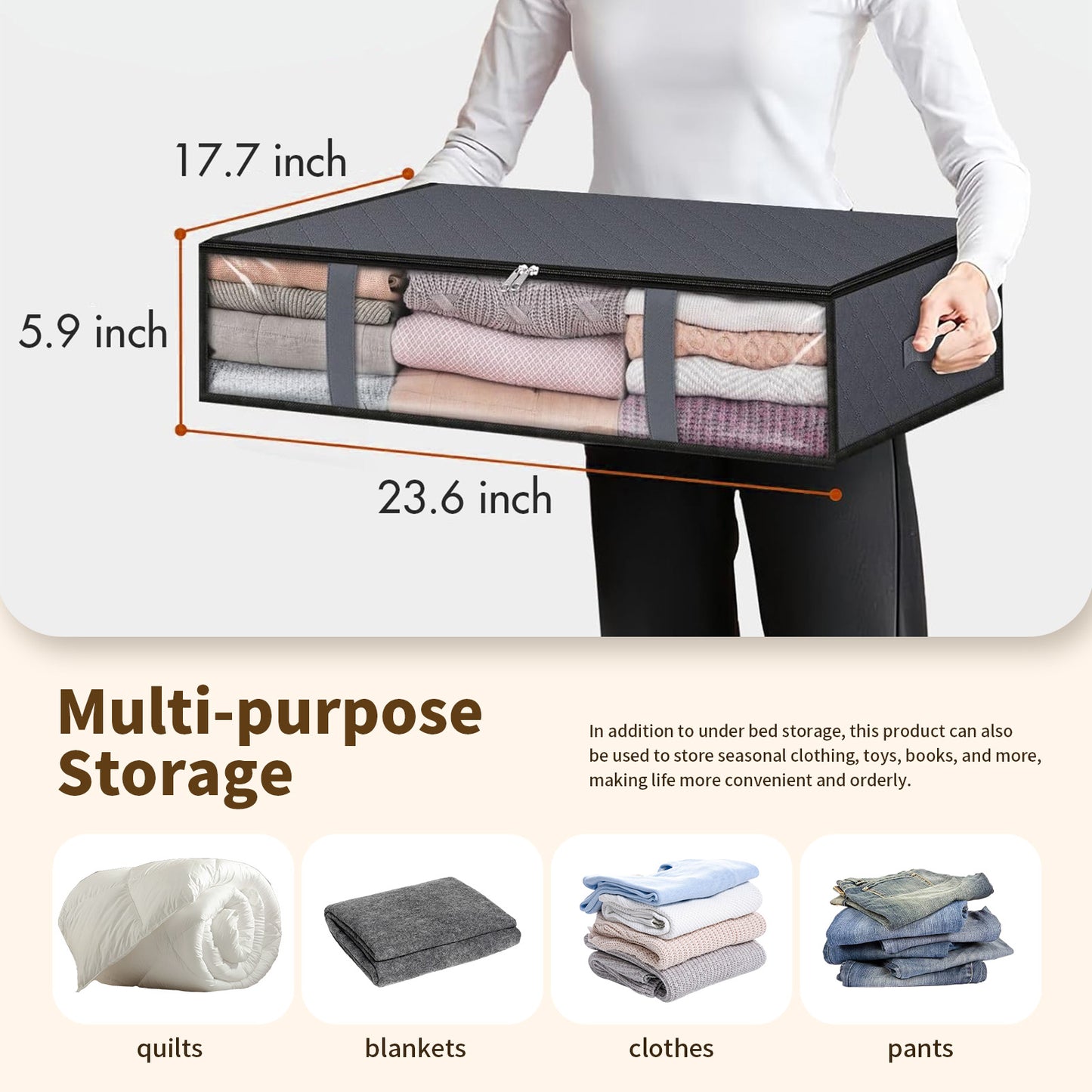 6 Pack Under Bed Storage Bags with Reinforced Handles, 45L Visible Underbed Clothes Storage, Breathable Non-woven Closet Storage for Blanket, Pillows, Comforters and Quilts