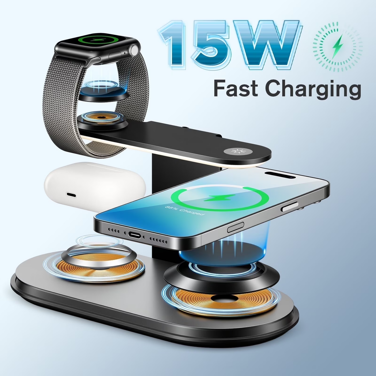 4 in 1 Wireless Charger, MagSafe charging station with Three Level soft Night Light, 15W Max Fast Charging for iPhone 16 15 14 13 12