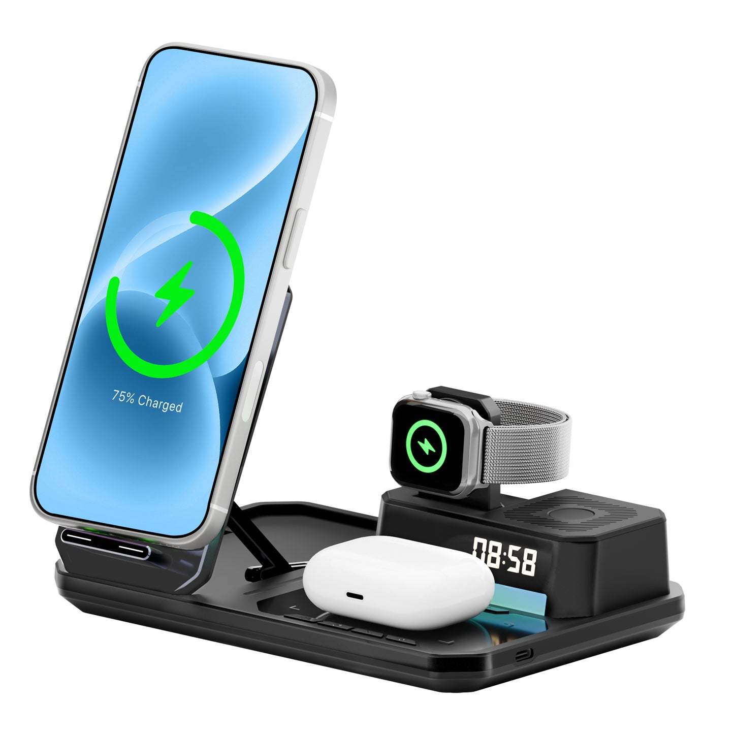 Wireless Charger for iPhone 17 16 15 14 13 12, 6 in 1 Charging Station for iWatch Series for AirPods 4 3 2 with Clock,Bluetooth,Ambient Light