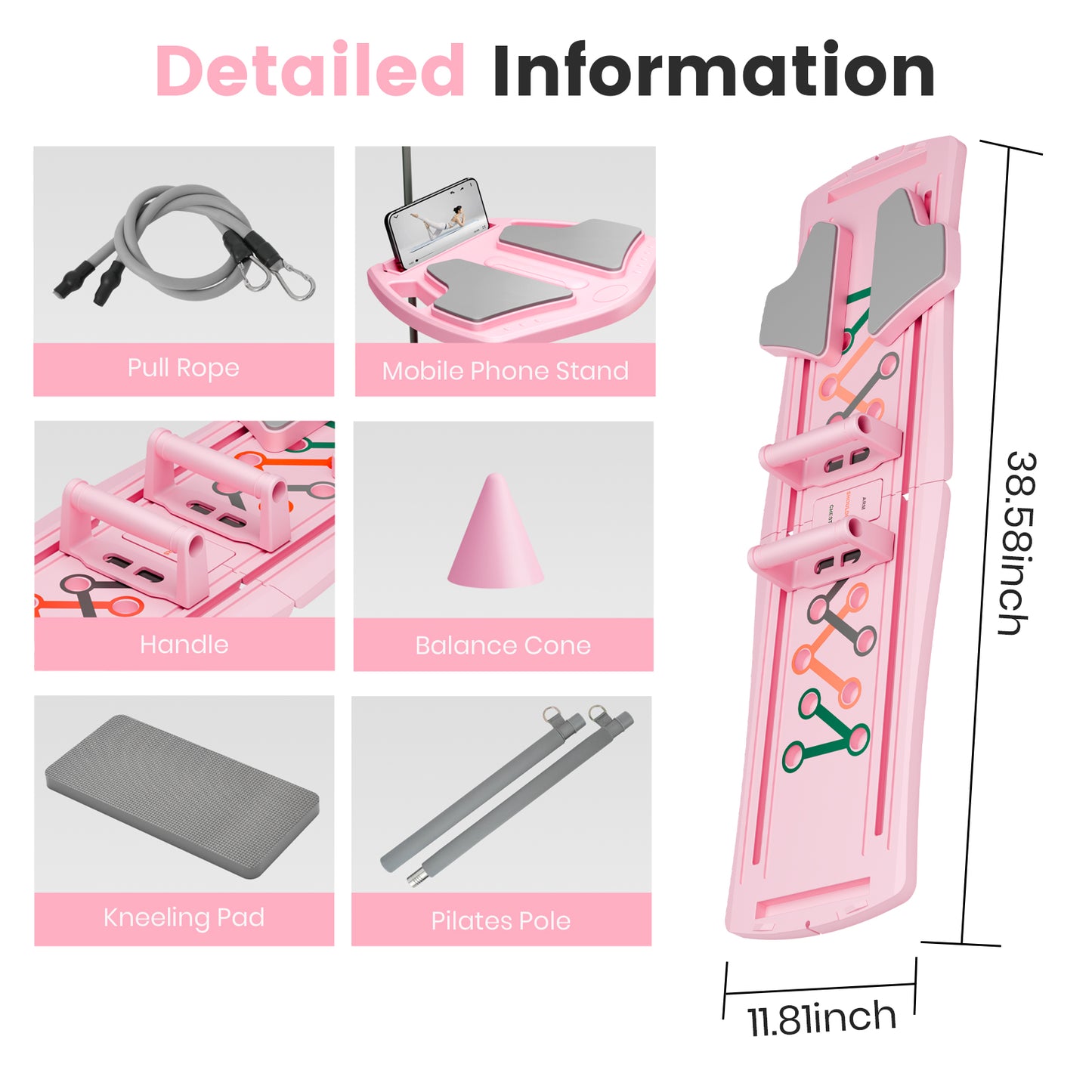 RICAN 7 in 1 Foldable Pilates board, Pilates Reformer Set with 330LBS, Portable Home Pilates for Women Workout, Fitness, Exercise, Abs, Pink