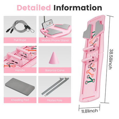 RICAN 7 in 1 Foldable Pilates board, Pilates Reformer Set with 330LBS, Portable Home Pilates for Women Workout, Fitness, Exercise, Abs, Pink
