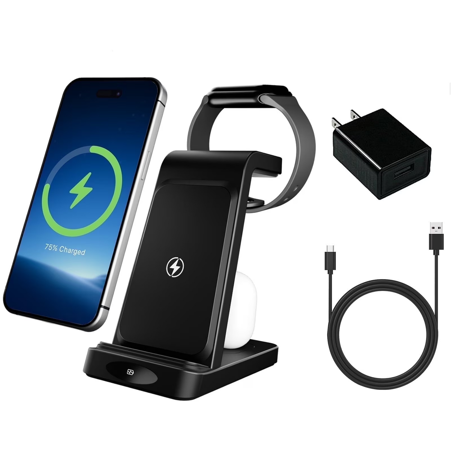 Magnetic Wireless Charger(with Adapter) for iPhone & Airpods & Apple Watch: 3 in 1 Charging Station for Apple Multiple Devices,Black