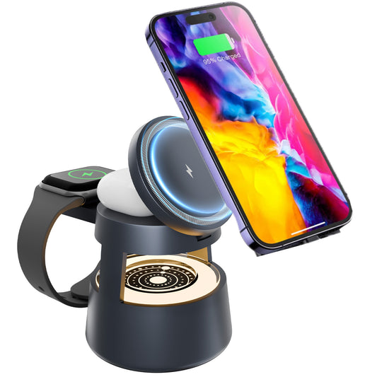 Magnetic Wireless Charger, 4 in 1 Fast Charging Station Compatible with iPhone 16 15 14 13 12 11 8 X XR SE, 3 Light Adjustable Desk Charging Station for Watch, AirPod