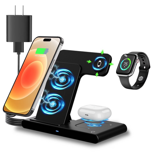 All in One Wireless Charging Stand for iPhone 16 to 8 Series, Compatible with Apple Watch, for AirPods 4 3 2 Pro, 3 in 1 Fast Charger Stand(Black)
