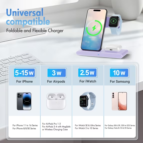 Wireless Charger,15W 3in1 Portable Charger Charging Station Compatible for iPhone 17 16 15 14 Pro Max 13 12 11,for iWatch 11 10 9 8 7 6 5 4 3 2 SE&Ultra,for Airpods 4 3 Pro,Android Phone Charger
