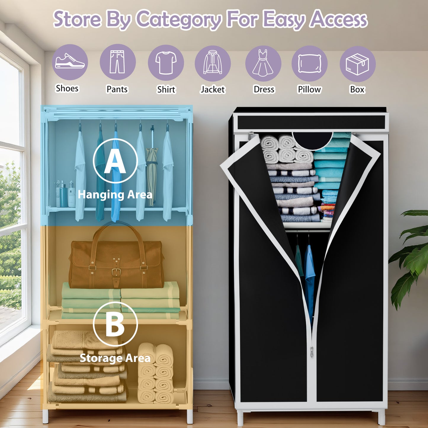 Portable Closet Organizers and Storage with Hanging & Folding Sections, Space-Saving Wardrobe Closet Organizer, Full-Cover Dustproof Hanging Clothing Rack for Bedroom, Apartment, Dorm, Black