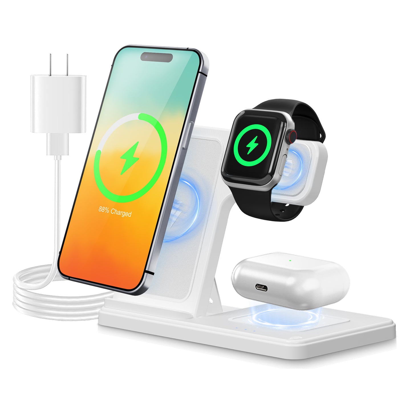 Wireless Charging Station, 3 in 1 Wireless charger Compatible with iPhone 16 15 14 13 12 11 Pro Max Plus XS XR X 8, for Airpods 4 3 2 Pro, For IWatch 9 8 Ultra 2 SE 7 6 5 4 3 2