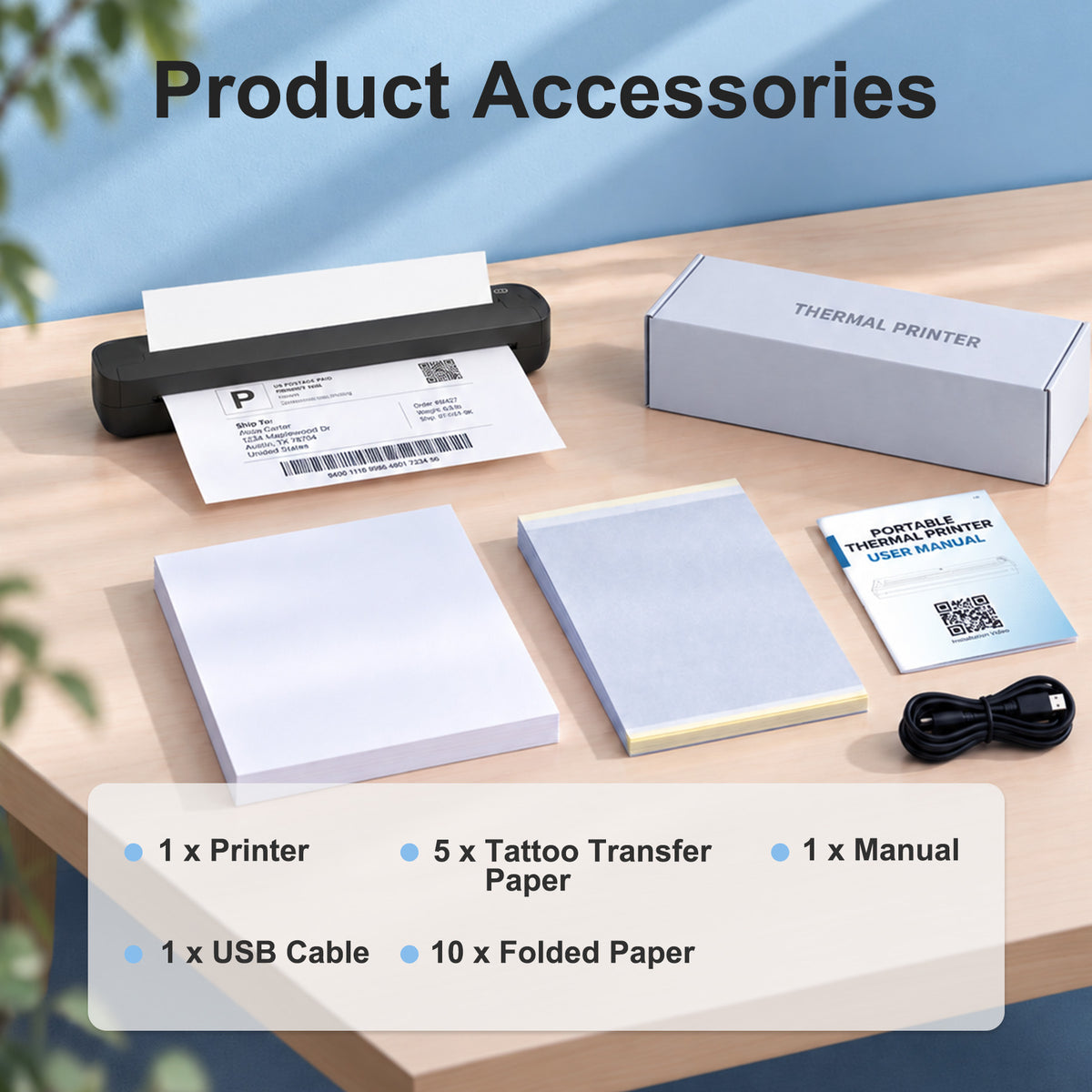 BAOKALER Thermal Printer for Travel, Inkless Portable Wireless Printer US Letter 8.5 inch & A4, Bluetooth for iOS Android Phones, USB for Windows Mac Laptops, Home Office School