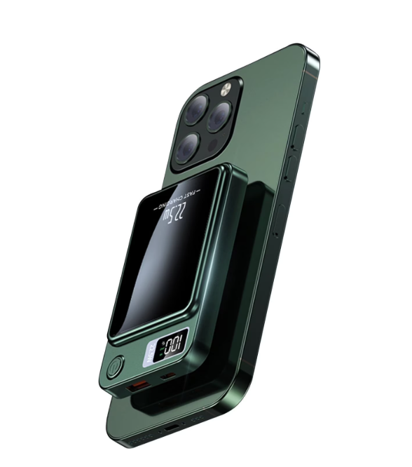 Wireless Power Bank, 5000mAh 22.5W Portable Charger with LED Power Display, 2 in 1 Magnetic Portable Power Bank Fast Charging, Suitable for Outdoor Travel Backup Small Phone Charger, Green