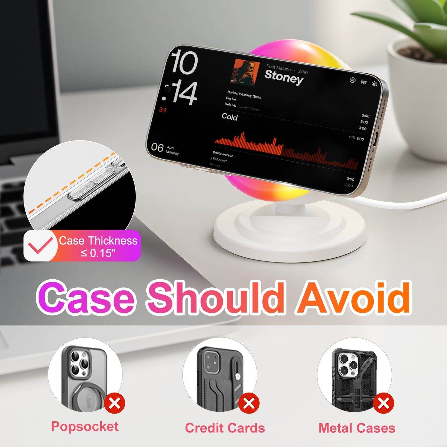 Wireless Charger for iPhone Samsung Huawei,Magnetic Charging Station with Bluetooth speaker and RGB light, Travel Charging Station Compatible with Apple 12 and above series, White