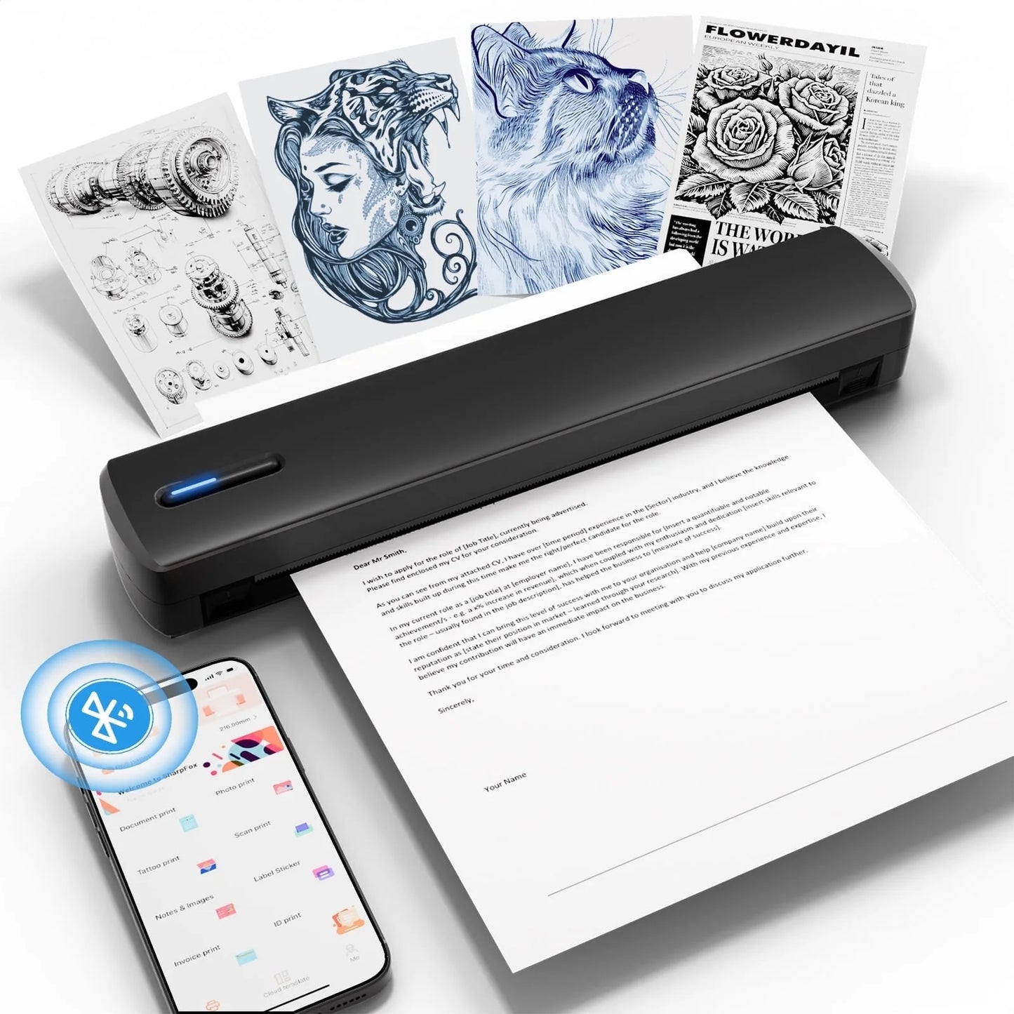 Thermal Printer, A4 Wireless Printer, Bluetooth Printer Compatible with IOS and Android, for Phone and Laptop, Monochrome for Travel, Mobile Office, School, Home, Portable Printer all in one