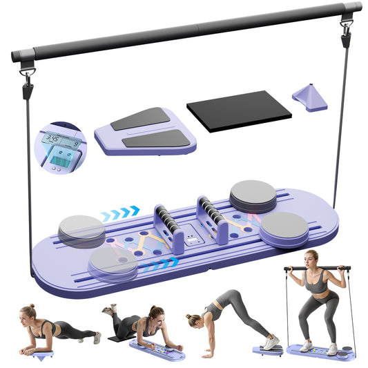 RICAN Foldable Pilates Board, Pilates Reformer Set, 15-in-1 Multifunctional Abdominal Board, Adjustable Push-Up Handles, Full Body Workout Equipment for Home, Purple