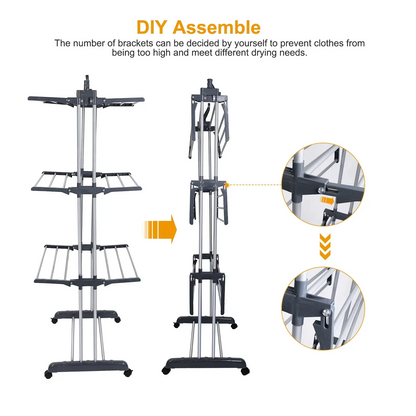 Homemart Clothes Drying Rack, 4-Tier Foldable Laundry Drying Rack, Stainless Steel Garment Clothes Dryer Indoor or Outdoor Standing Clothing Rack with Wheels
