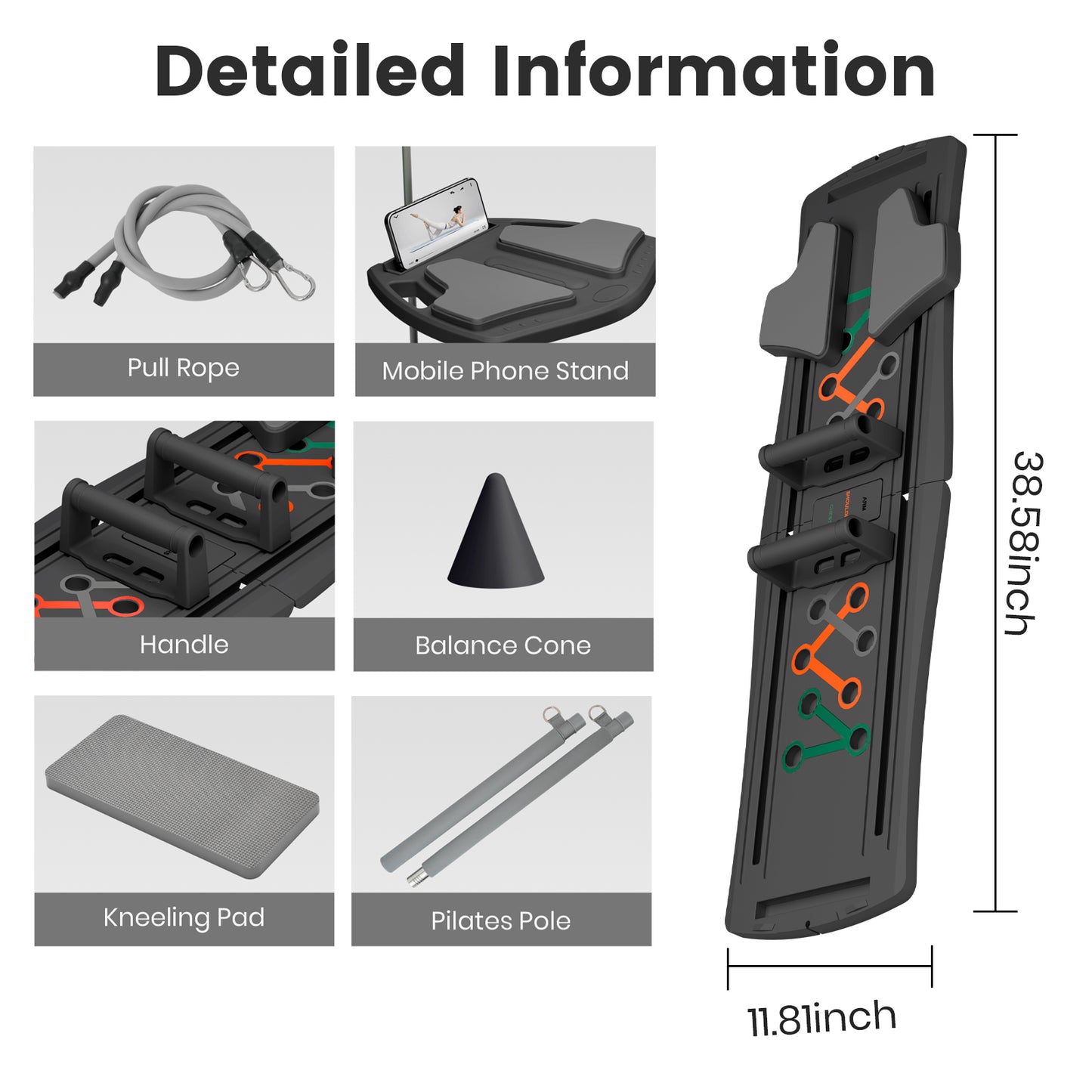 RICAN 7 in 1 Foldable Pilates board, Pilates Reformer Set with 330LBS, Portable Home Pilates for Women Workout, Fitness, Exercise, Abs, Black
