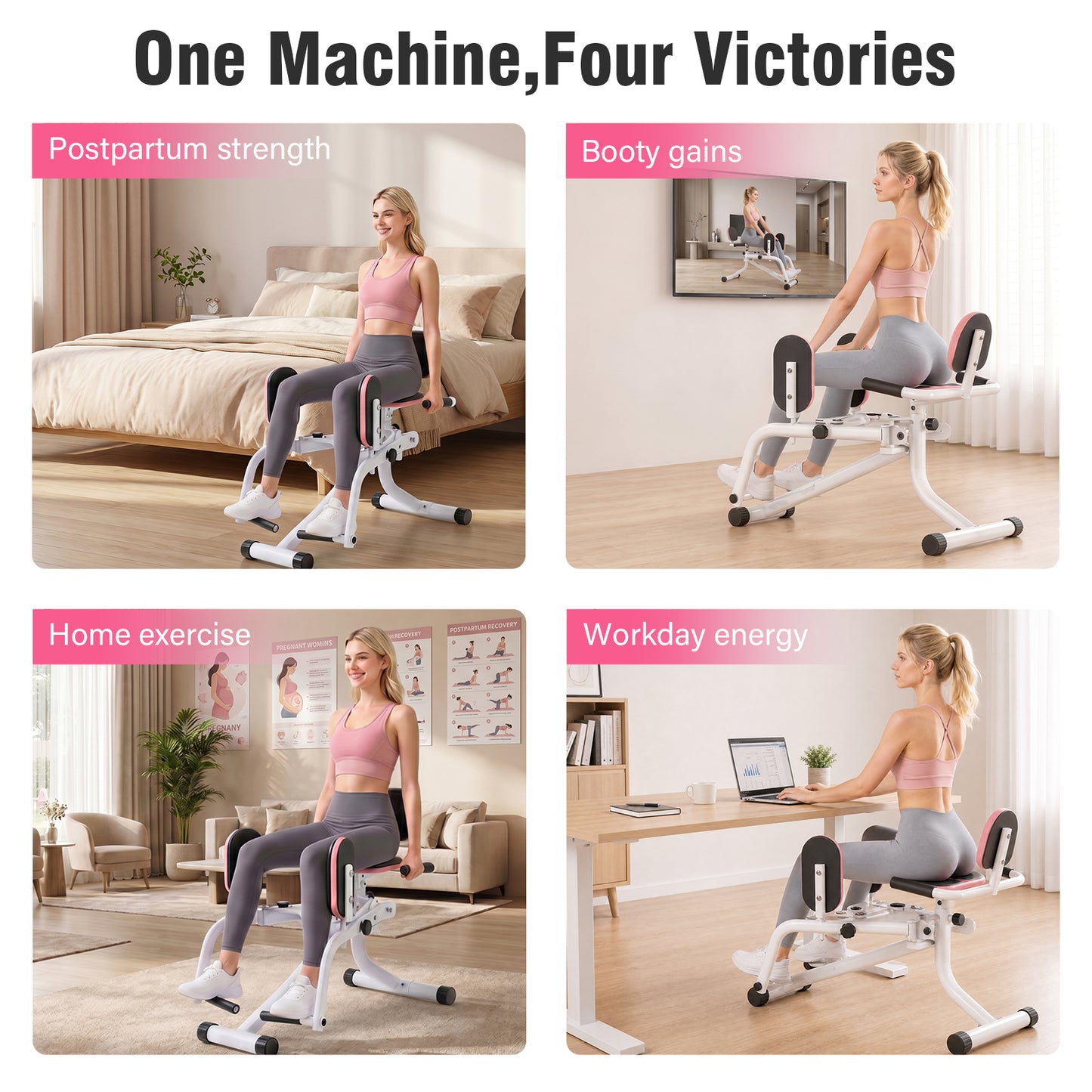 RICAN Hip Abductor Machine for Women, 2-in-1 Compact Glute & Thigh Trainer, Adjustable Resistance Inner Thigh Toner and Outer Thigh Sculptor, Booty Builder for Home Leg Workout Equipment ¨C Pink/White
