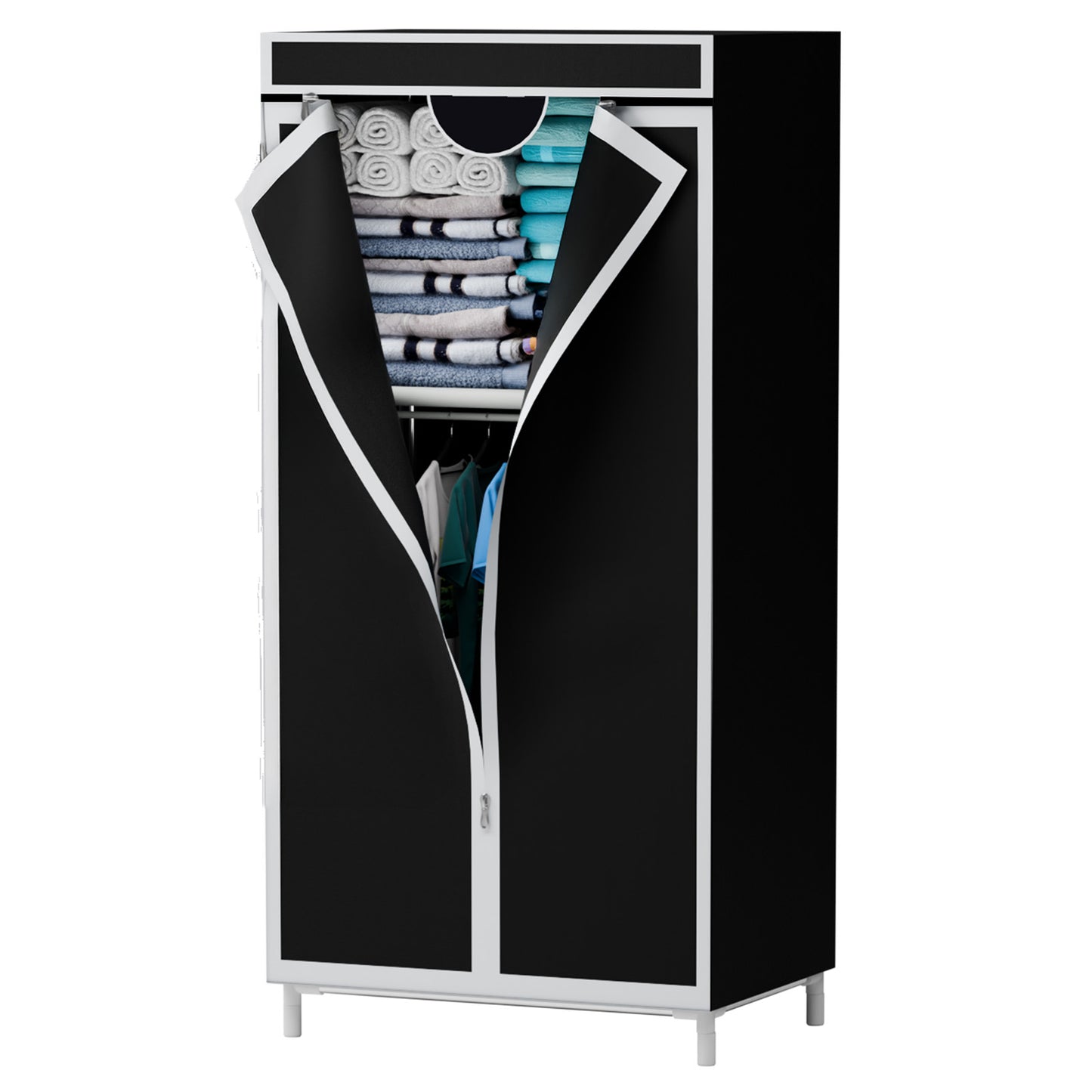 Portable Closet Organizers and Storage with Hanging & Folding Sections, Space-Saving Wardrobe Closet Organizer, Full-Cover Dustproof Hanging Clothing Rack for Bedroom, Apartment, Dorm, Black