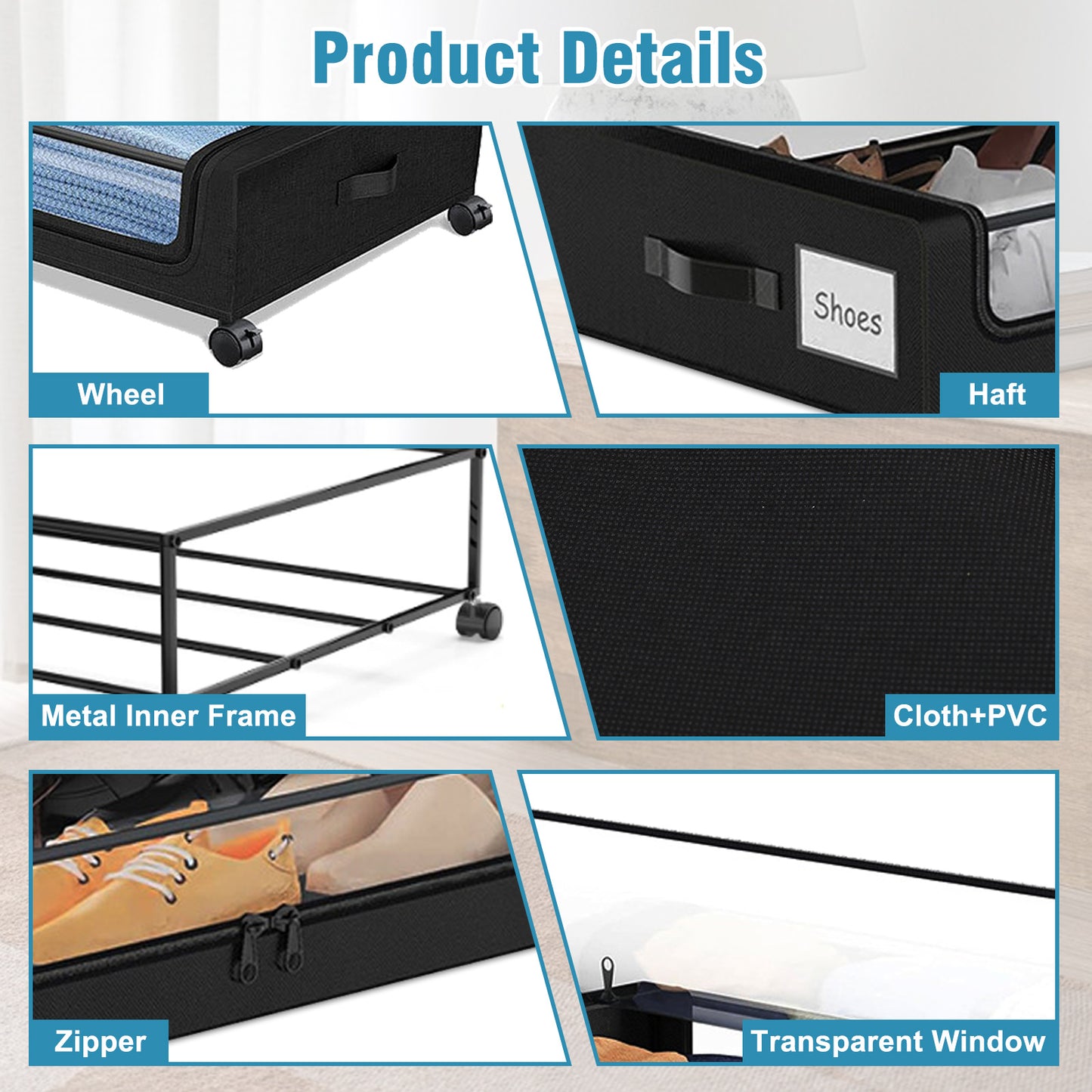 Under Bed Storage with Wheels, Under Bed Storage Containers, Under the Bed Storage Organizer with Clear Lids - Rolling Drawers & Bins for Clothes,Shoes,Toys, 2-Pack (Black)