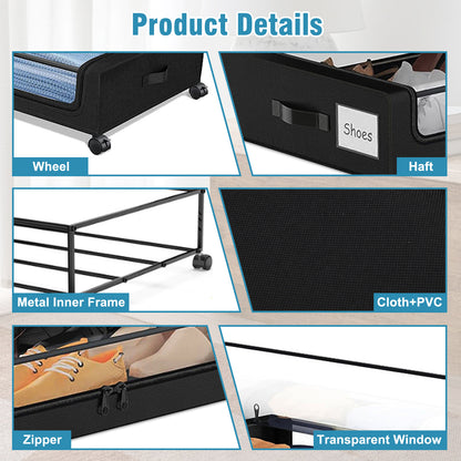 Under Bed Storage with Wheels, Under Bed Storage Containers, Under the Bed Storage Organizer with Clear Lids - Rolling Drawers & Bins for Clothes,Shoes,Toys, 2-Pack (Black)