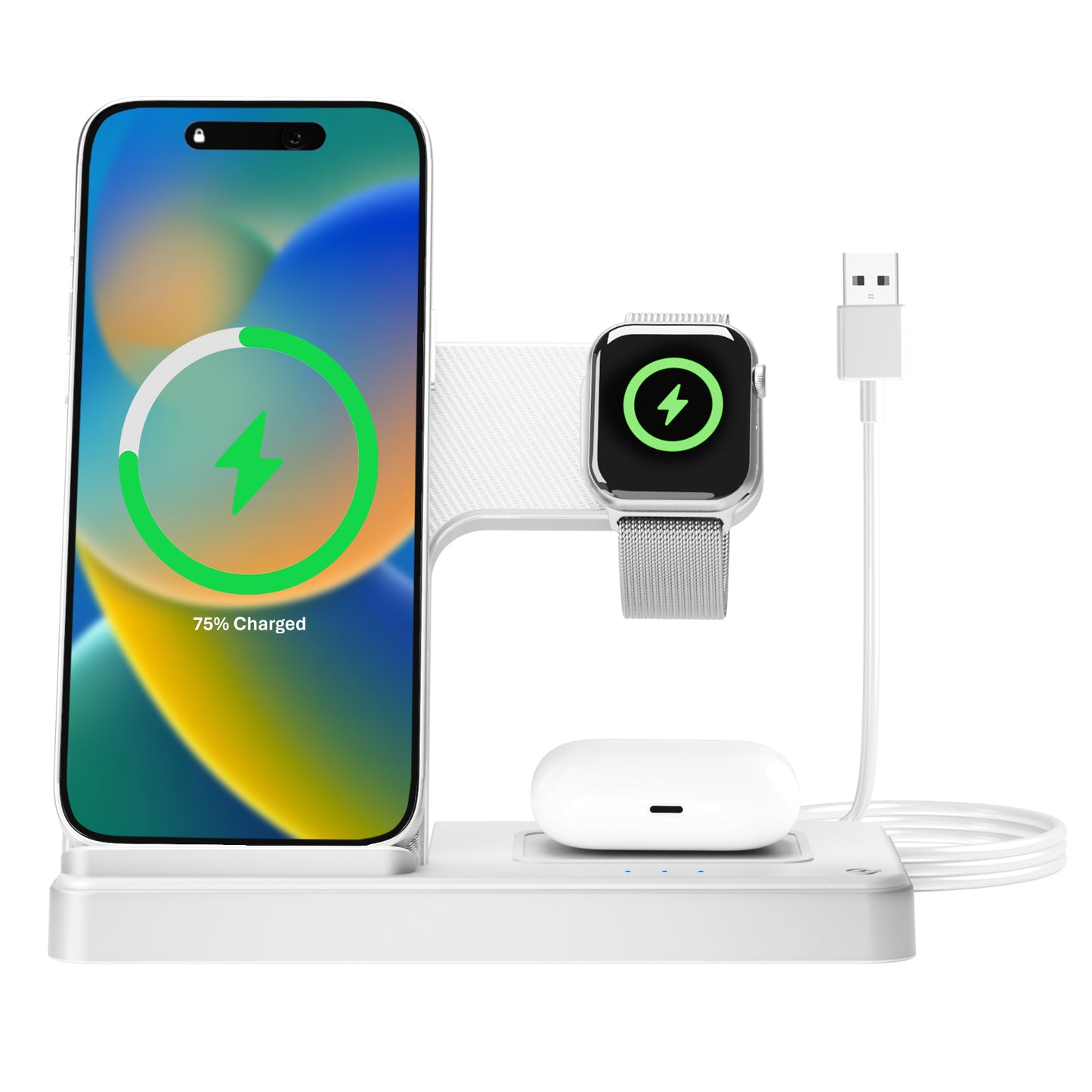 Wireless Charger for iPhone,3 in 1 Wireless Charging Station for iPhone 17 16 15 14 13 12 11 Pro Max Plus XS XR X 8,for iWatch 9 8 7 6 5 4 3 2 SE,for AirPods 3 2 Pro,White,No Adapter