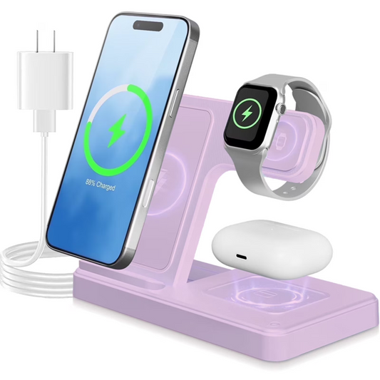 Wireless Charger,3 in 1 Charging Station for iPhone,Fast Wireless Charger Stand Compatible for Apple Watch,iPhone 17 16 15 14 13 12 11 Pro Max Mini Plus SE X XS 8 Plus & AirPods,Purple