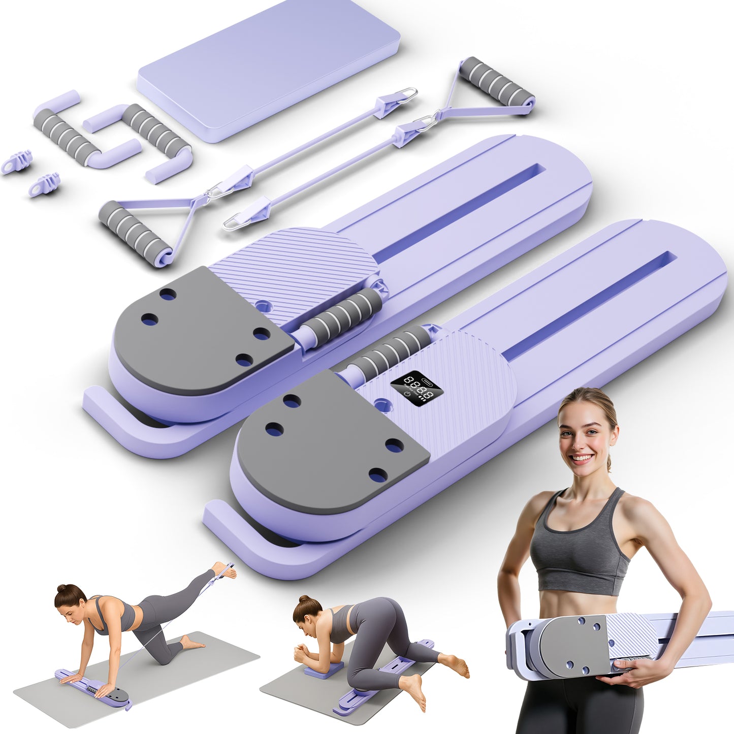 RICAN Pilates Reformer Board with Resistance Bands, Portable Pilates Machine, Full Body Workout for Home, LED Timer & Calorie Display Abdominal Board, Ab Core Strengthener Trainer
