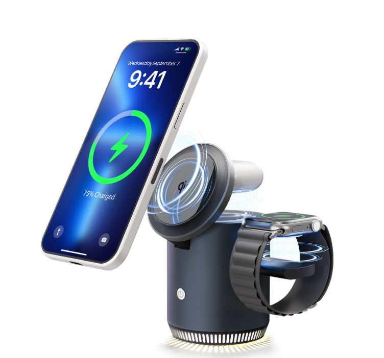 Wireless Charger for iPhone, Charging Station for iPhone 17 16 15 14 13 12, for AirPods 4 3 2, for iWatch Series, with Adjustable Night Light, Black
