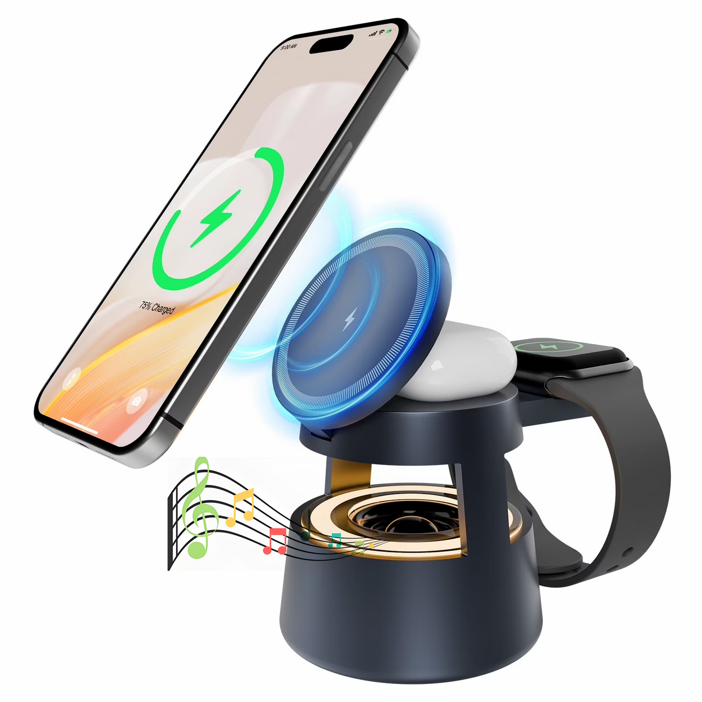 5 in 1 Wireless Charging Station, 15W Fast Charging Wireless Charger for iPhone AirPods iWatch with MagSafe and Mushroom Light, Compatible with iPhone 8 and above Series