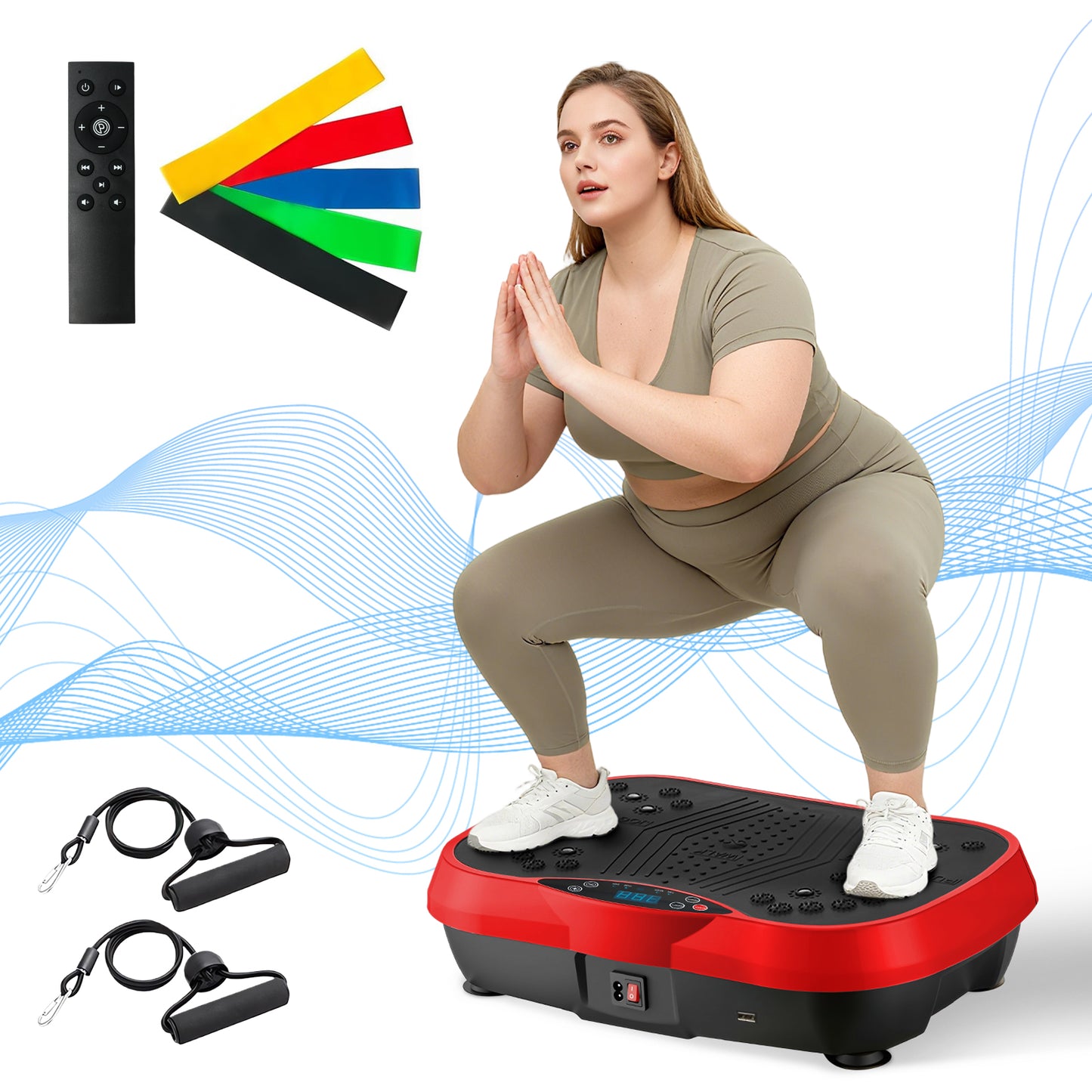 RICAN Vibration Plate Exercise Machine, Vibrating Lymphatic Drainage Shaking Board, Full Body Workout Platform with Loop Bands & Remote Control for Weight Loss Fat Burner, Red