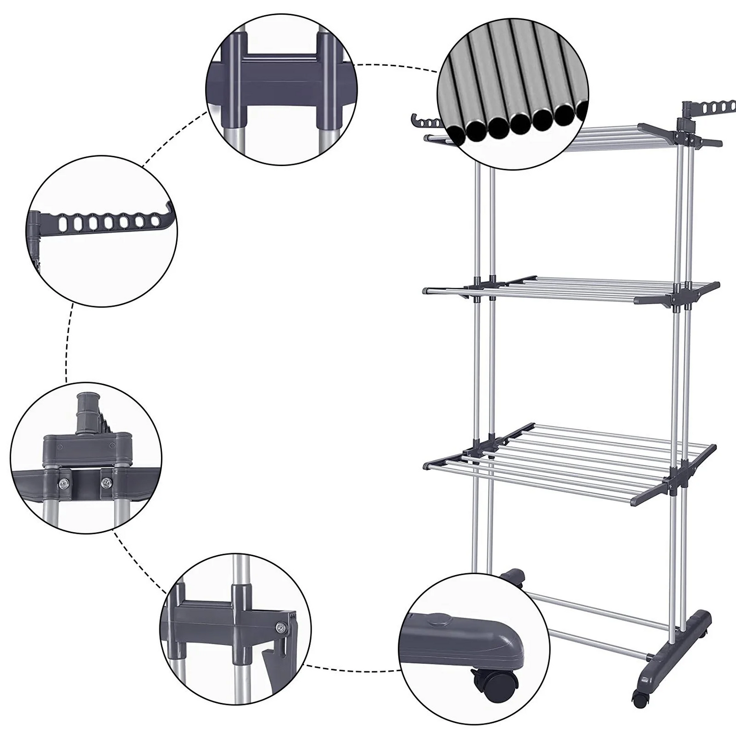 Clothes Drying Rack, 4 Tier Outdoor Laundry Drying Rack, Laundry Drying Rack with Foldable Wings Indoor, Gray