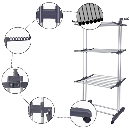 Clothes Drying Rack, 4 Tier Outdoor Laundry Drying Rack, Laundry Drying Rack with Foldable Wings Indoor, Gray