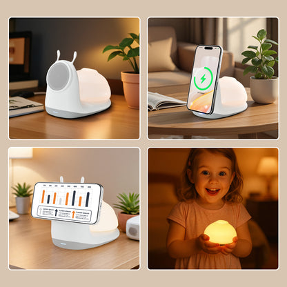 Wireless Charger, 15W Fast Charging Station with Light for iPhone 16e 16 15 14 13 12 Pro Max, Desktop Nightstand Snail-Shaped Detachable LED Lamp Bedside Cordless Light