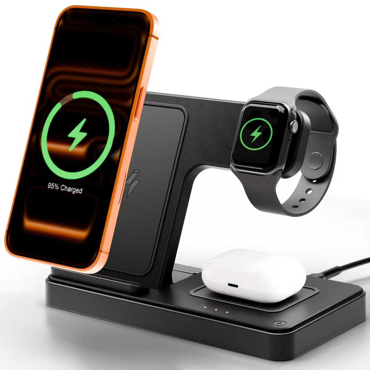 Magnetic Wireless Charger for iPhone Airpods iWatch: 3 in 1 Charging Station for Apple Multiple Devices, Black