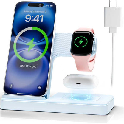 Wireless Charger, Magnetic Fast Charging Stand Compatible with iPhone 16 15 14 13 12 11 Pro Max Plus XS XR X 8, for Apple Watch 9 8 7 6 5 4 3 2 SE, for AirPods 3 2 Pro, 3 in 1 Charging Station, Blue